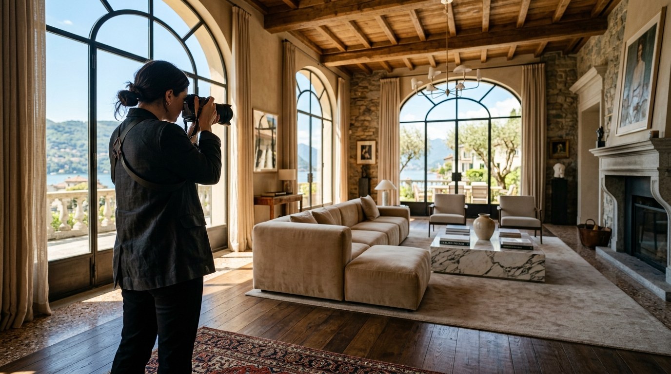 Fotografa professionista mentre fotografa un salone di pregio