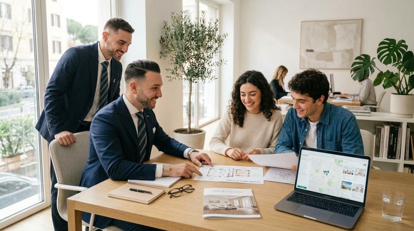Consulente in abito blu e camicia bianca seduto a un tavolo con una giovane coppia sorridente, mentre esaminano insieme i documenti
